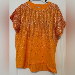 Queen of Sparkles Women’s Orange Sparkle Top with Fringe Size Medium
